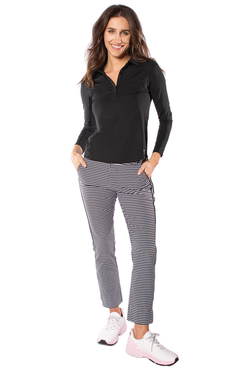 Golftini Womens Long Sleeve Ruffle Polo - Black