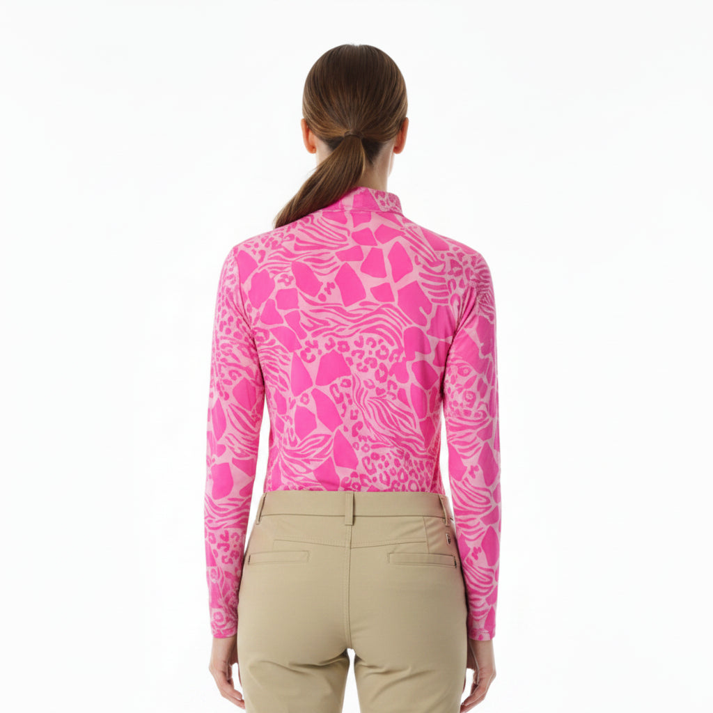 IBKUL Womens Bianca Long Sleeve Zip Mock - Animal Pink