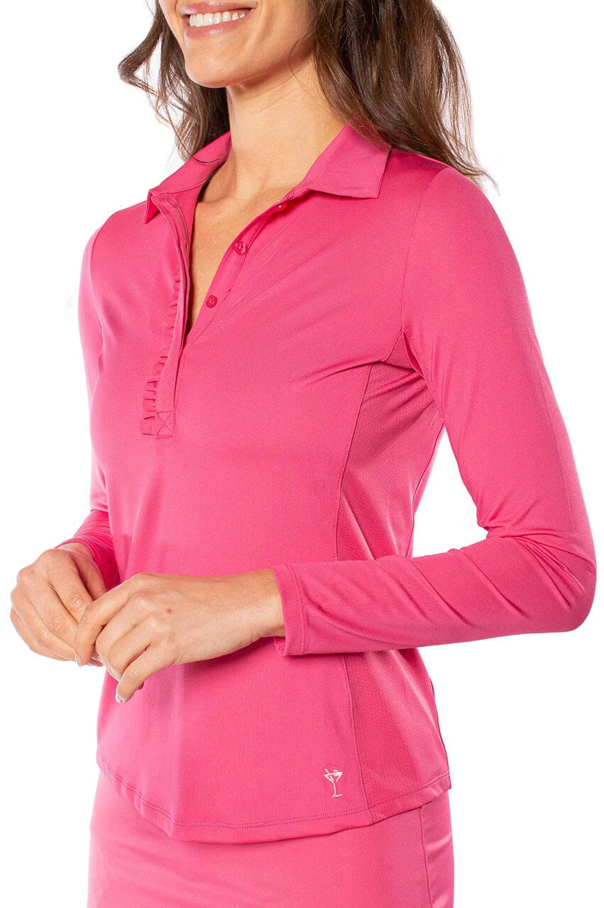 Golftini Womens Long Sleeve Ruffle Polo - Hot Pink