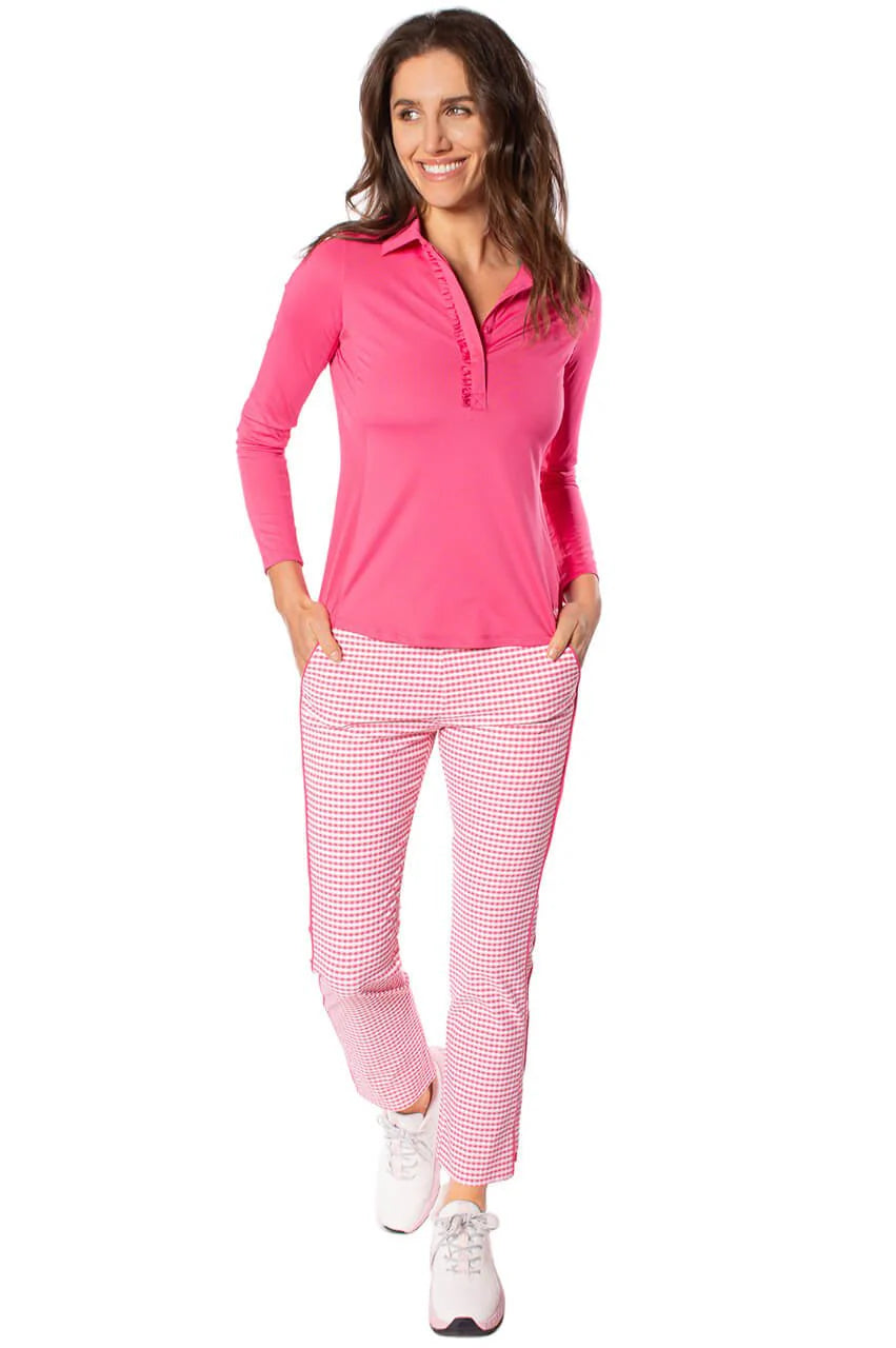 Golftini Womens Long Sleeve Ruffle Polo - Hot Pink