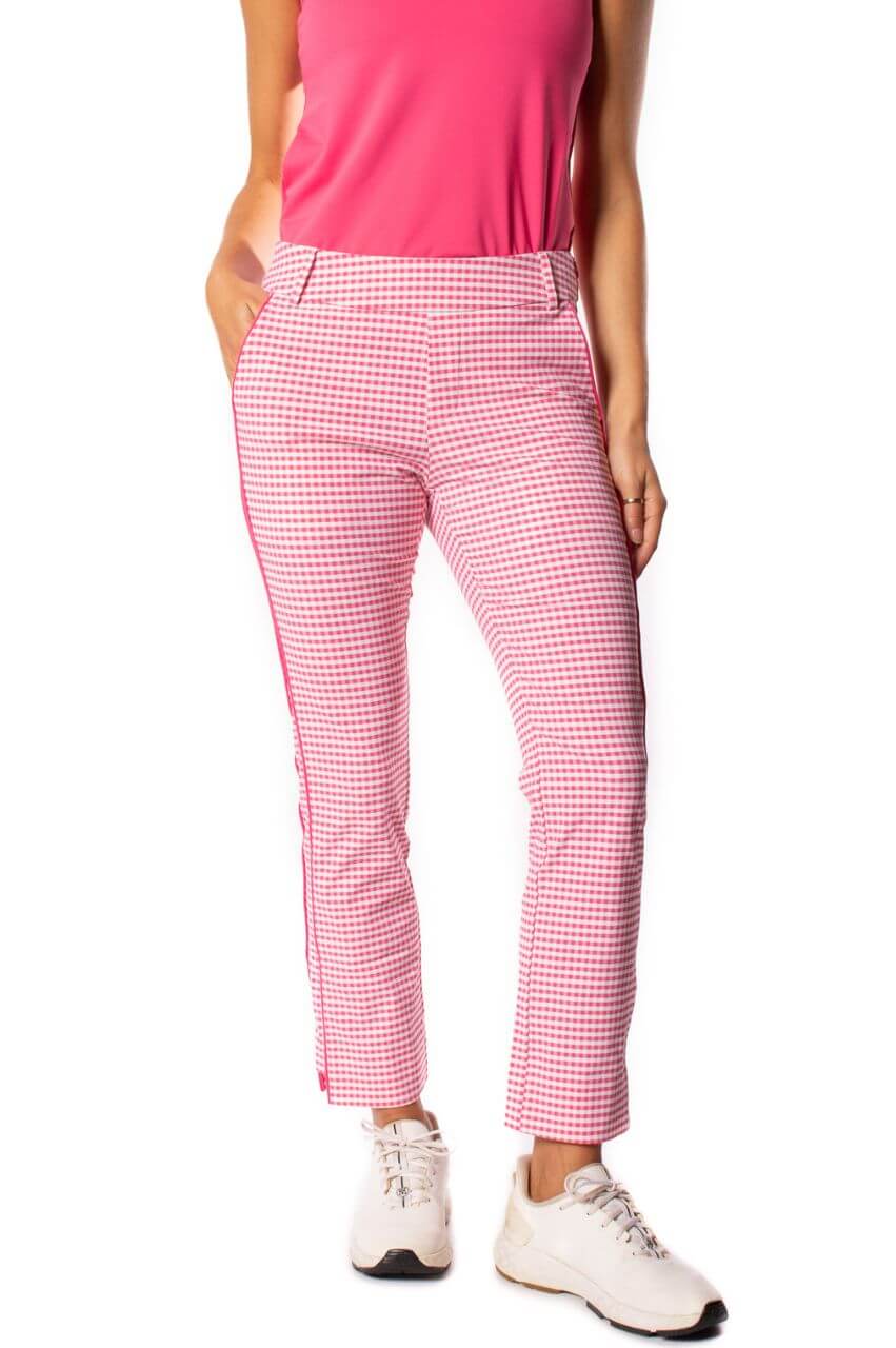 Golftini Womens Checkered Stretch Ankle Pant - Hot Pink/White