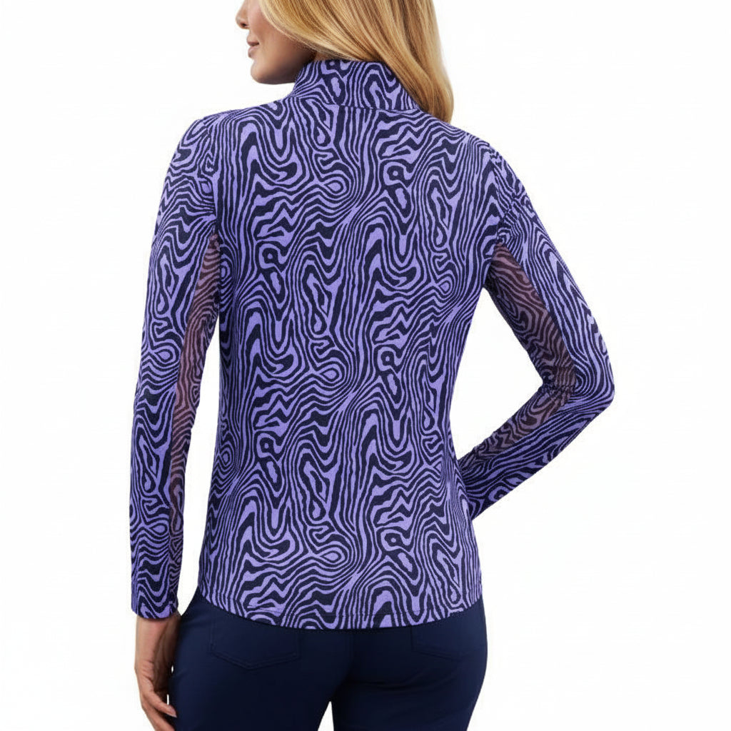 IBKUL Womens Melanie Long Sleeve Zip Polo - Purple Zebra Party