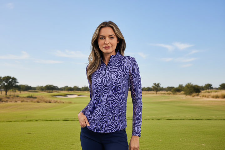 IBKUL Womens Melanie Long Sleeve Zip Polo - Purple Zebra Party
