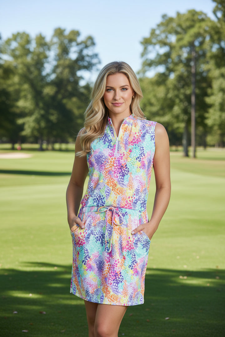 IBKUL Womens Lessie Sleeveless Zip Drawstring Dress - Multi