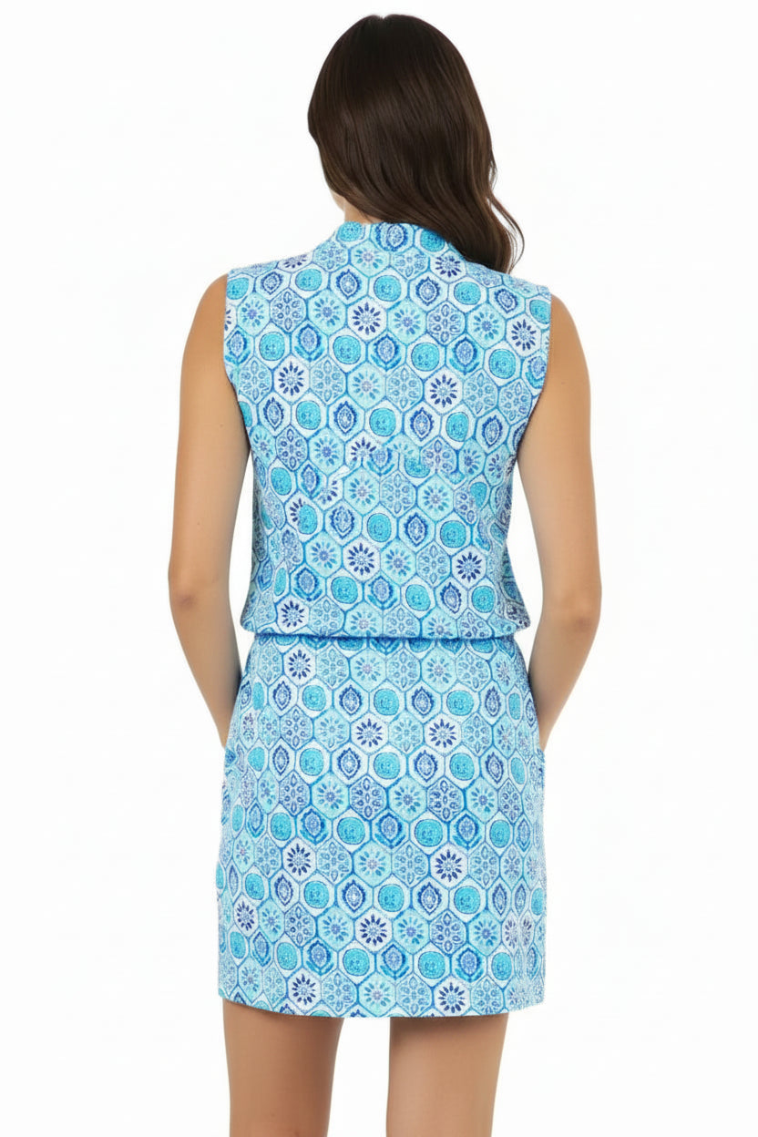 IBKUL Womens Terra Sleeveless Zip Drawstring Dress - Seafoam/White
