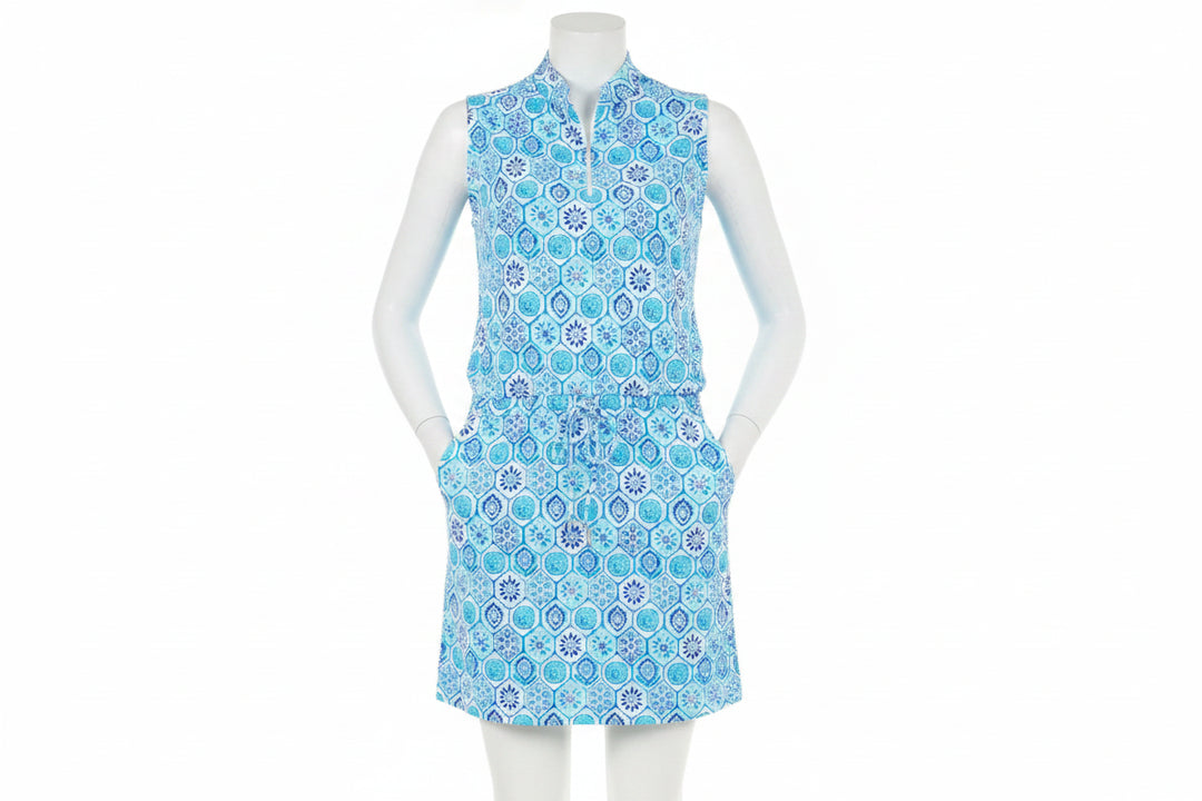 IBKUL Womens Terra Sleeveless Zip Drawstring Dress - Seafoam/White