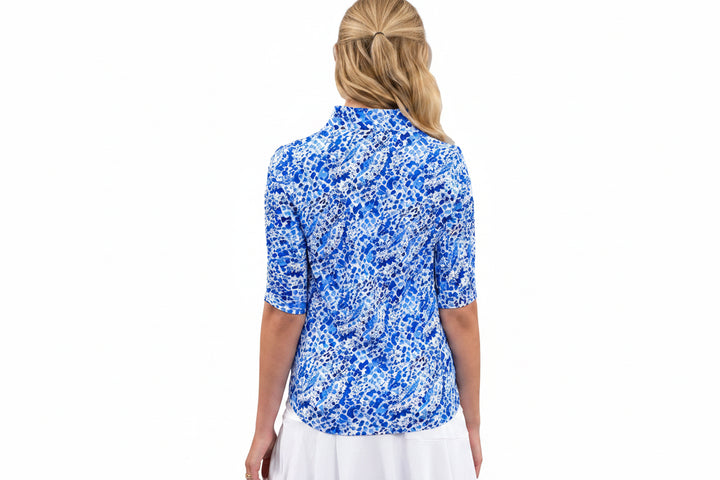IBKUL Womens Denise Ruched Elbow Sleeve Zip Polo - Yesenia Blue