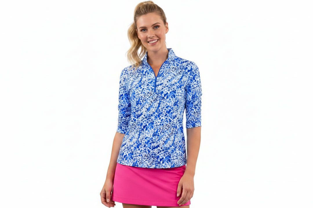 IBKUL Womens Denise Ruched Elbow Sleeve Zip Polo - Yesenia Blue