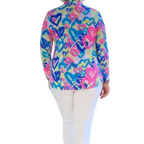 Lulu B Womens Love Hearts Long Sleeve Zip Mock - Pink/Multi