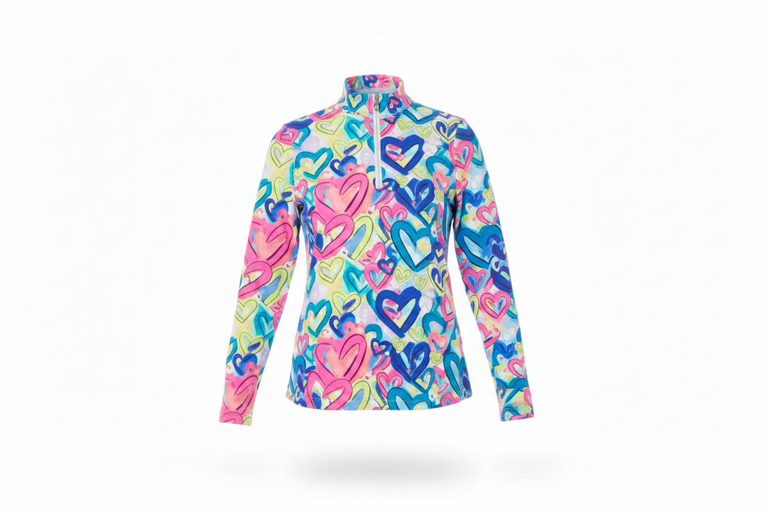 Lulu B Womens Love Hearts Long Sleeve Zip Mock - Pink/Multi
