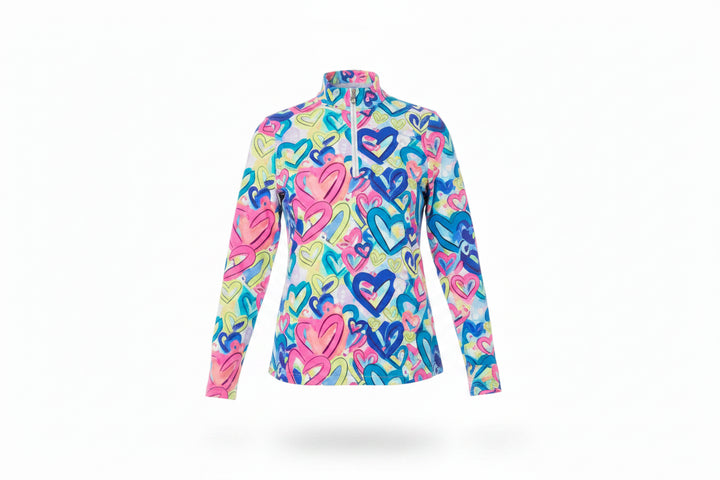 Lulu B Womens Love Hearts Long Sleeve Zip Mock - Pink/Multi