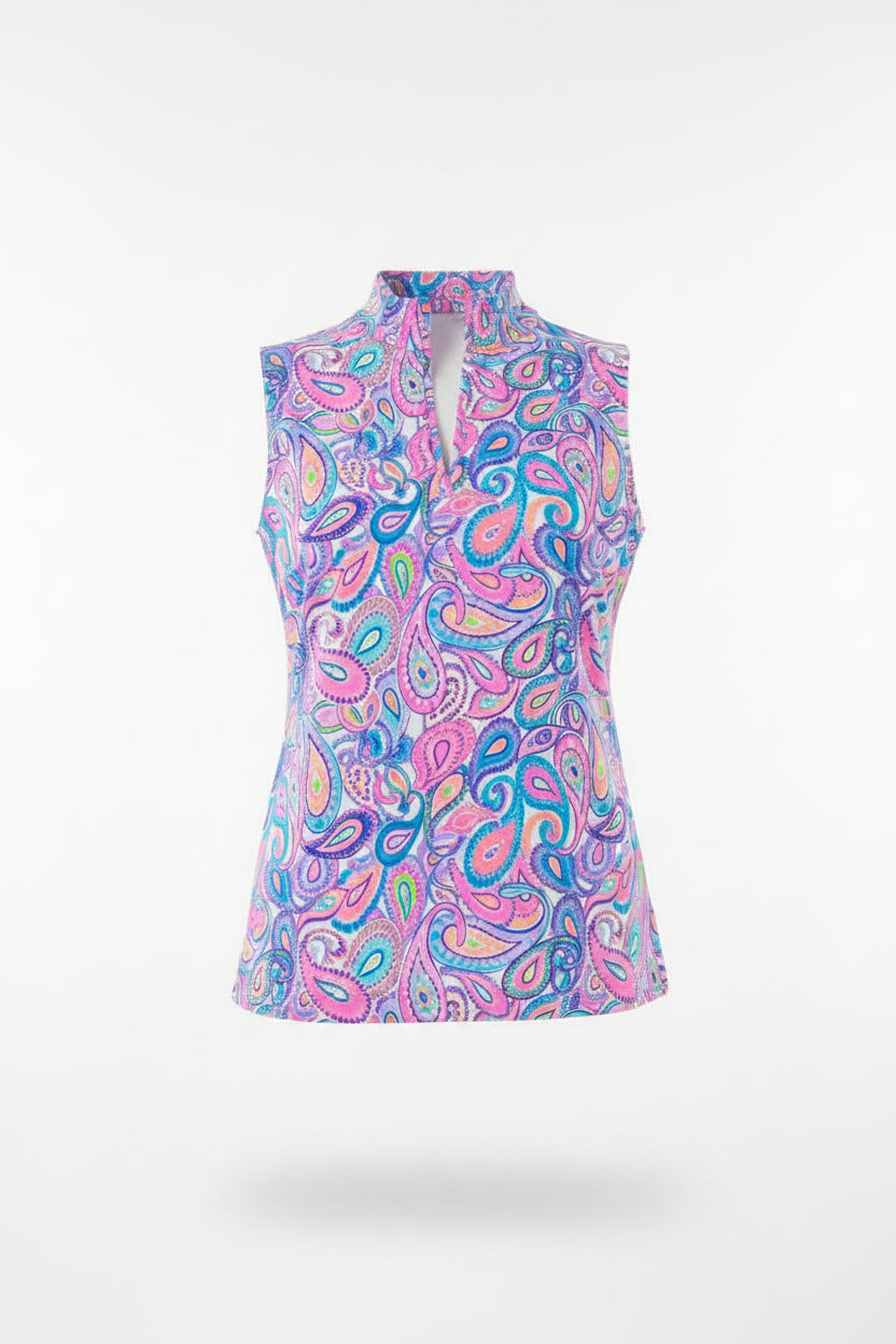 Lulu B Womens Sleeveless Paisley Zip Mock - Pink/Multi