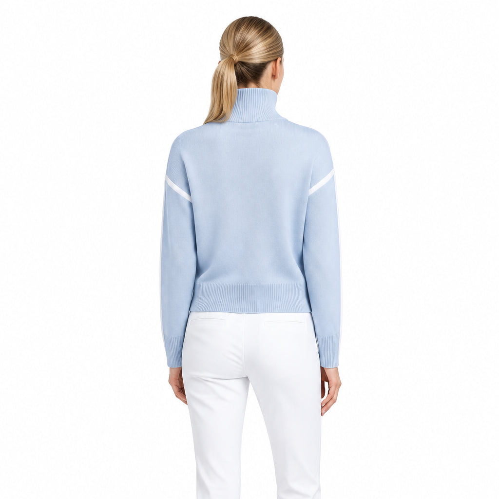 G/FORE Women's Turtleneck Sweater Merino Wool Contrast Stripe Pale Blue/Chalk White