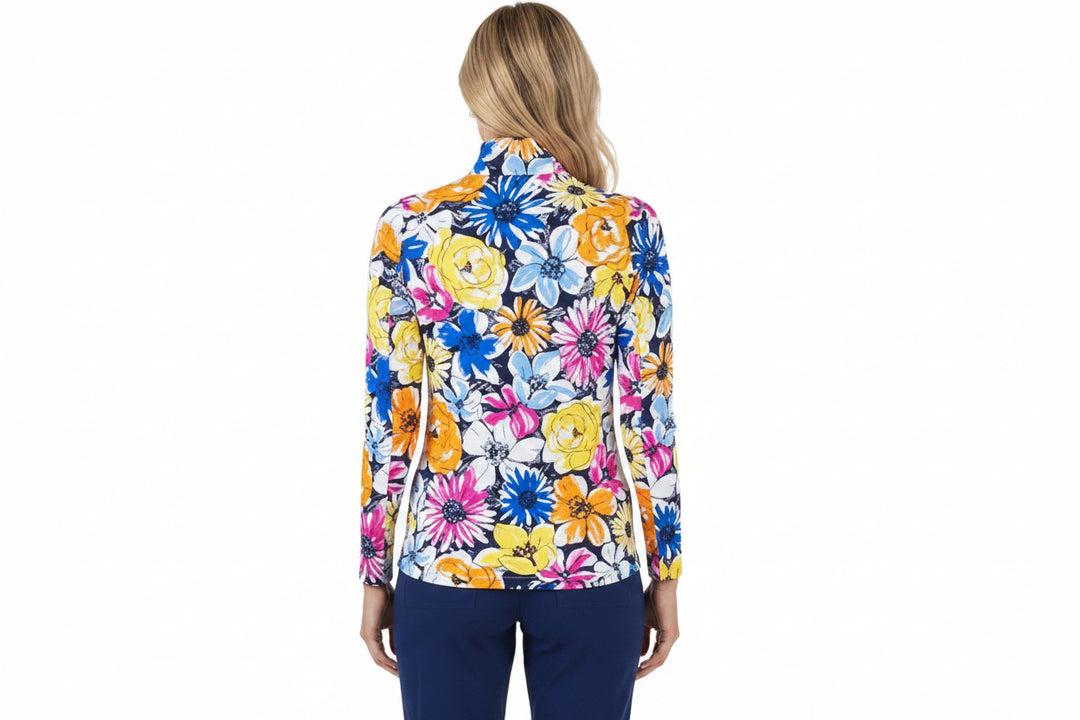IBKUL Womens Long Sleeve Madeline Floral Zip Mock - Orange/Multi
