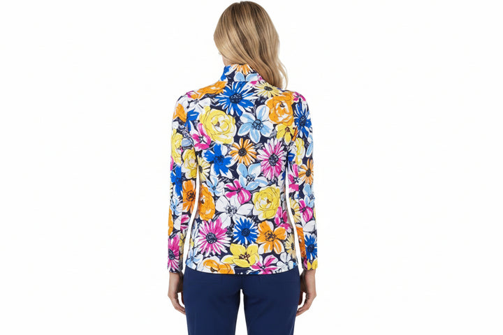 IBKUL Womens Long Sleeve Madeline Floral Zip Mock - Orange/Multi