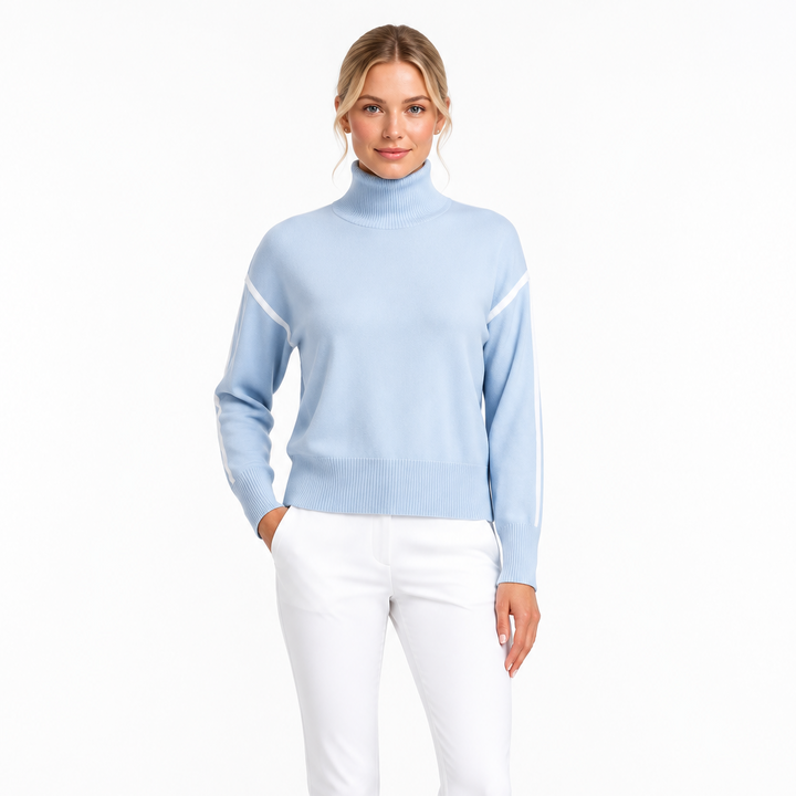 G/FORE Women's Turtleneck Sweater Merino Wool Contrast Stripe Pale Blue/Chalk White