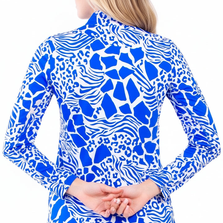 IBKUL Womens Long Sleeve Bianca Zip Mock - Blue/White