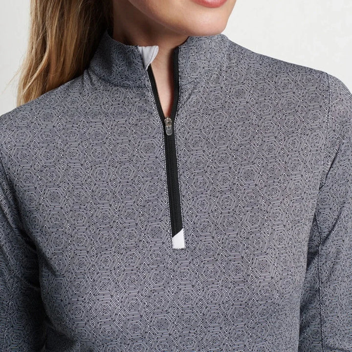 Peter Millar Womens Hexagon Print Long Sleeve Zip Polo (w/logo) - Black/White