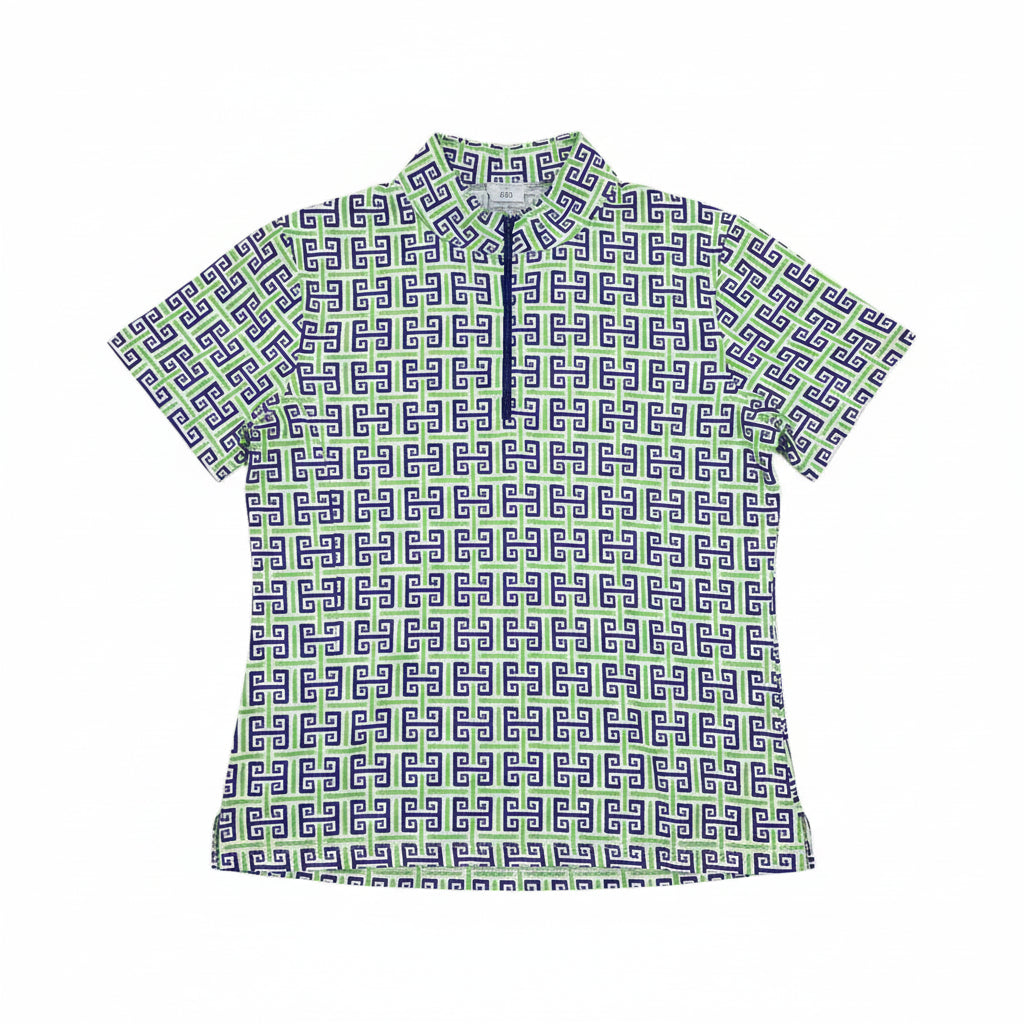 IBKUL Womens Leah Short Sleeve Zip Mock - Geo Key Green/Navy