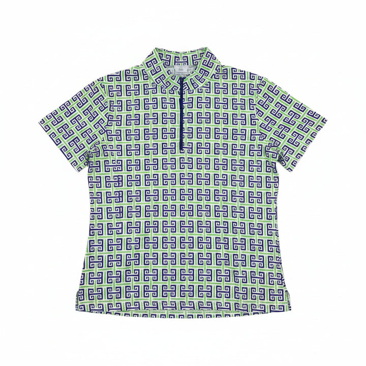 IBKUL Womens Leah Short Sleeve Zip Mock - Geo Key Green/Navy