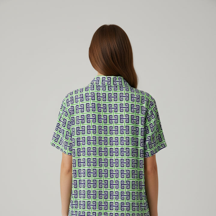 IBKUL Womens Leah Short Sleeve Zip Mock - Geo Key Green/Navy