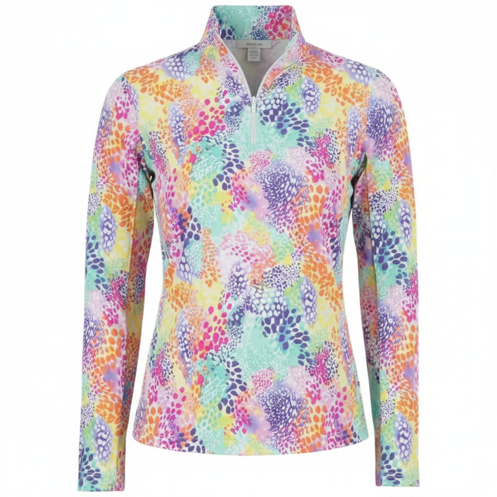 IBKUL Womens Long Sleeve Lesslie Zip Mock - Pink/Multicolored