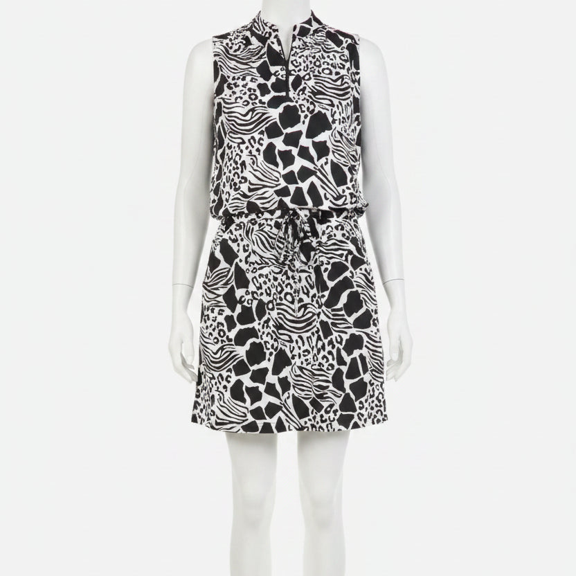 IBKUL Womens Bianca Sleeveless Zip Drawstring Dress - Black/White