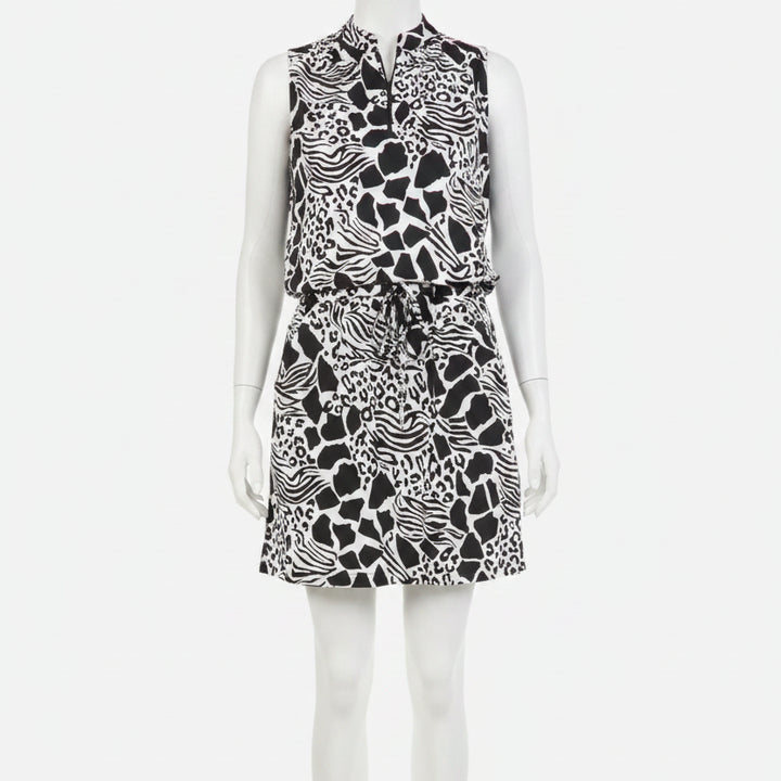 IBKUL Womens Bianca Sleeveless Zip Drawstring Dress - Black/White