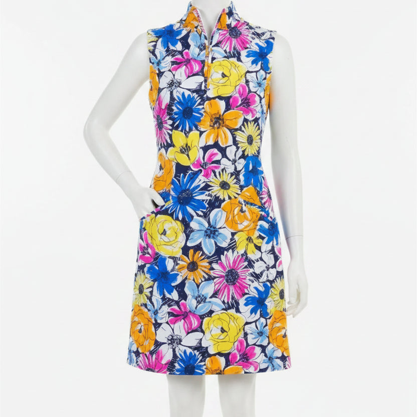 IBKUL Womens Floral Sleeveless Zip Mock Dress - Multicolored
