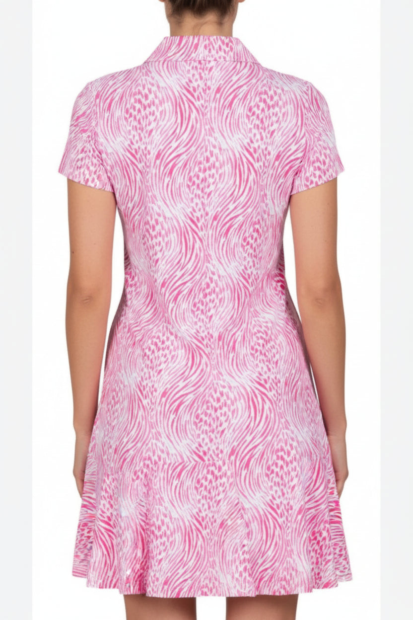 IBKUL Womens Alena Short Sleeve Zip Polo Dress - Watermelon/White