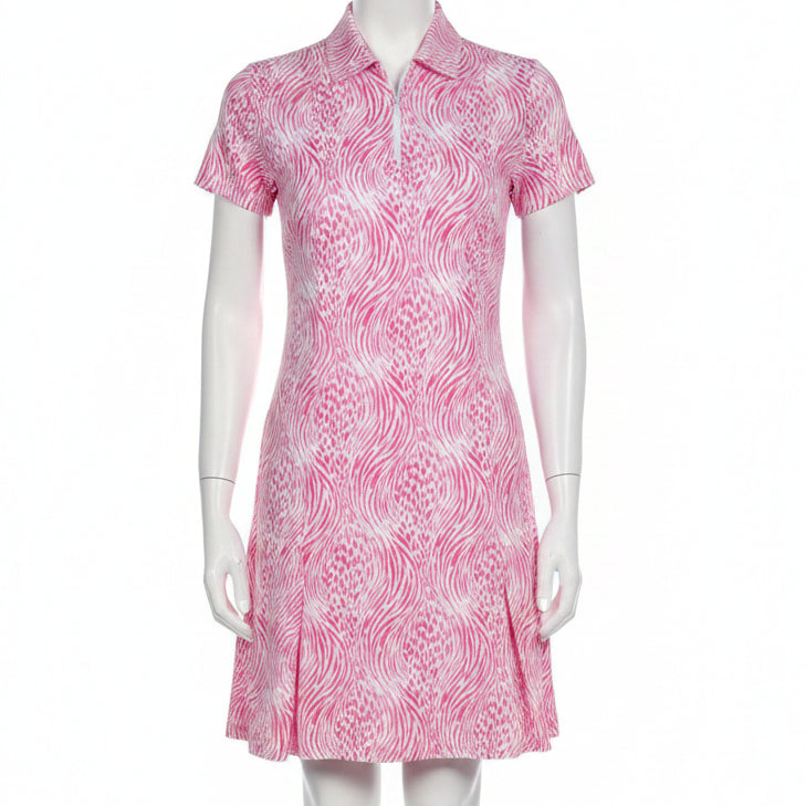 IBKUL Womens Alena Short Sleeve Zip Polo Dress - Watermelon/White