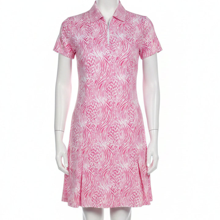 IBKUL Womens Alena Short Sleeve Zip Polo Dress - Watermelon/White