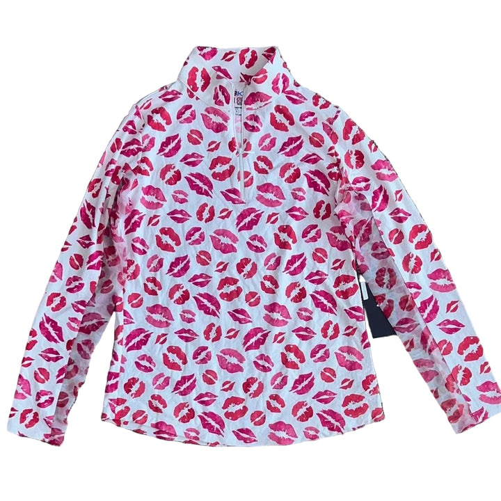 Ibkul Womens Long Sleeve Kiss me Kat Zip Mock - Hot Pink/White