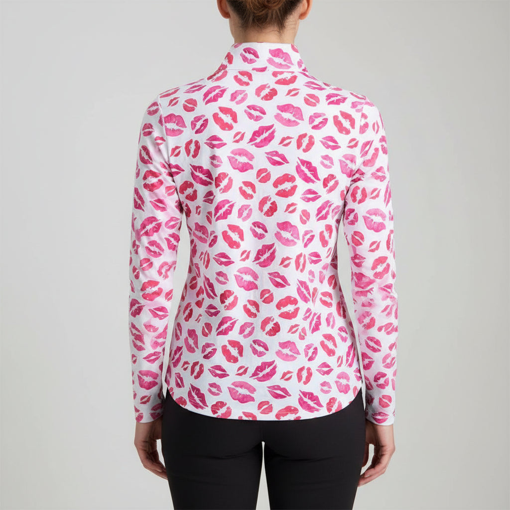 Ibkul Womens Long Sleeve Kiss me Kat Zip Mock - Hot Pink/White