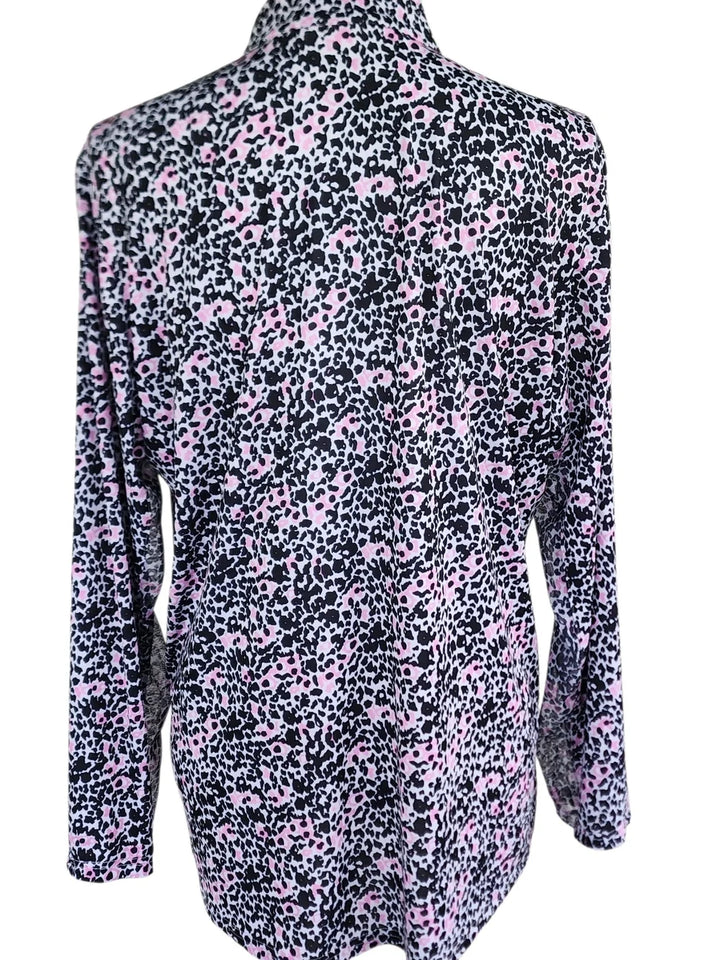 SanSoleil Womens Long Sleeve Animal Print Zip Mock Top - White/Multi
