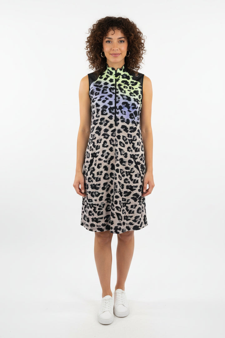 Jamie Sadock Womens Jungle Leopard Sleeveless Zip Dress - Jet Black/Purple Rain