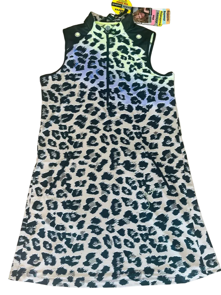Jamie Sadock Womens Jungle Leopard Sleeveless Zip Dress - Jet Black/Purple Rain