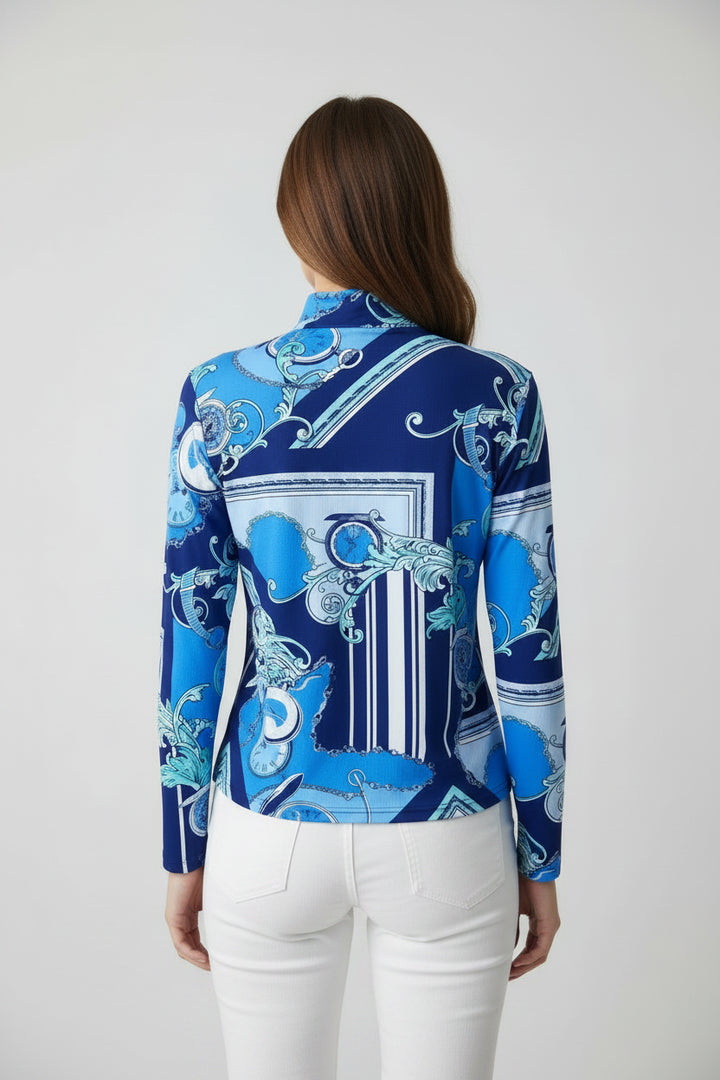 IBKUL Womens Long Sleeve Clock Party Zip Mock - Navy/Multi