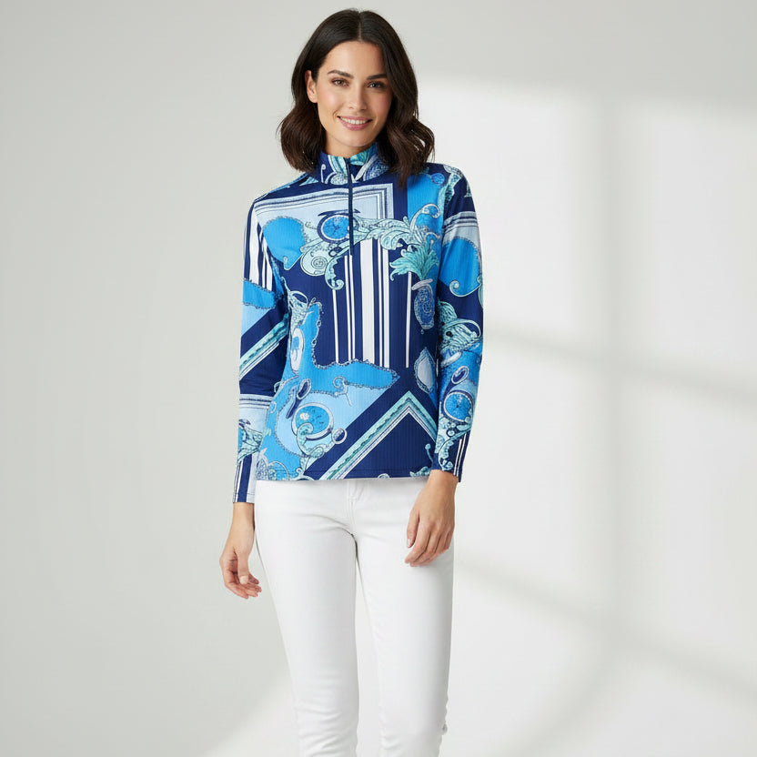 IBKUL Womens Long Sleeve Clock Party Zip Mock - Navy/Multi
