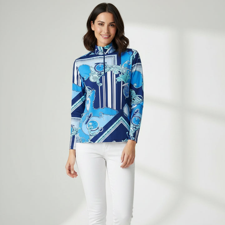 IBKUL Womens Long Sleeve Clock Party Zip Mock - Navy/Multi