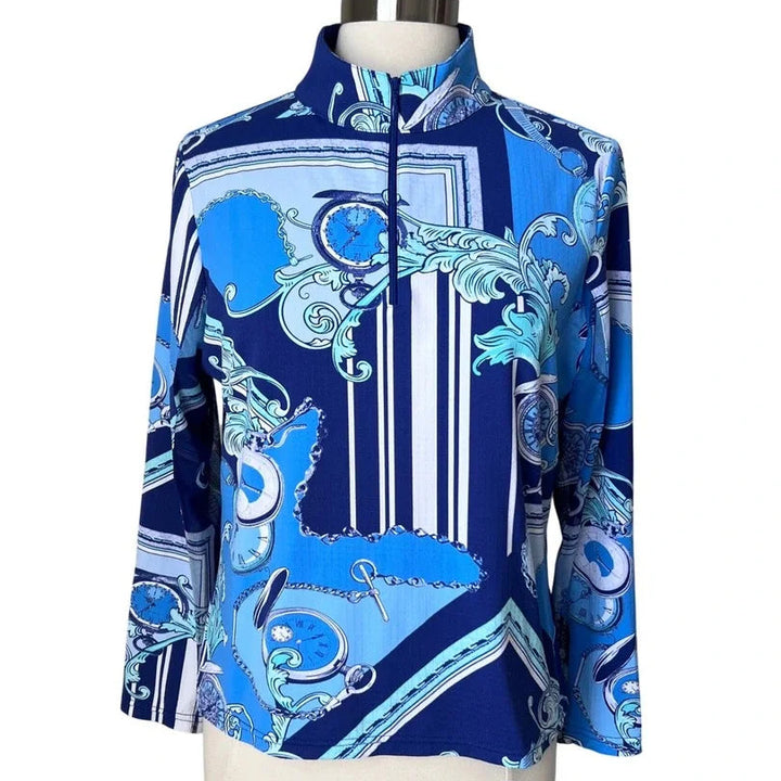 IBKUL Womens Long Sleeve Clock Party Zip Mock - Navy/Multi