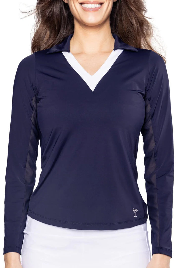 Golftini Womens Long Sleeve Say Yes Polo - Navy/White