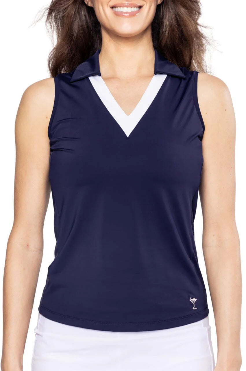 Golftini Womens Say Yes Sleeveless Sport Polo - Navy/White
