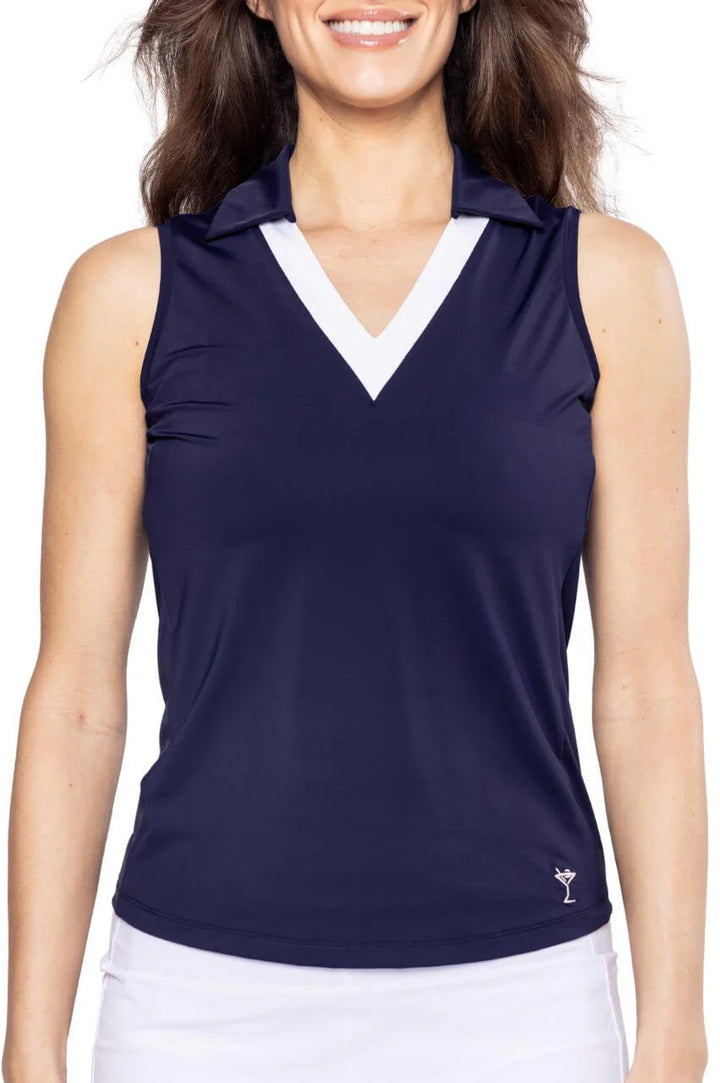 Golftini Womens Say Yes Sleeveless Sport Polo - Navy/White