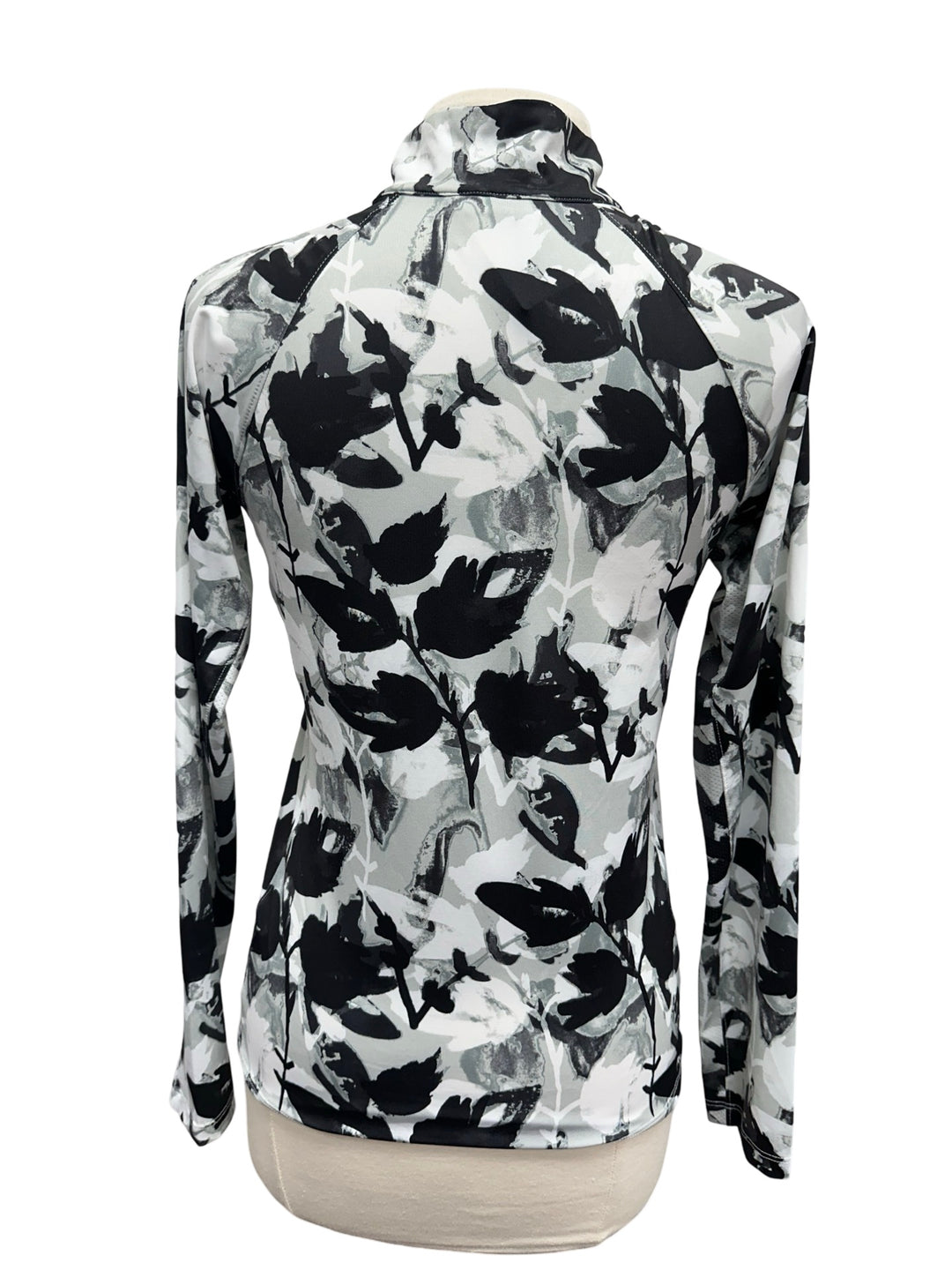 Lady Hagen Quarter Zip Floral Long Sleeve Top- Black/White- Small