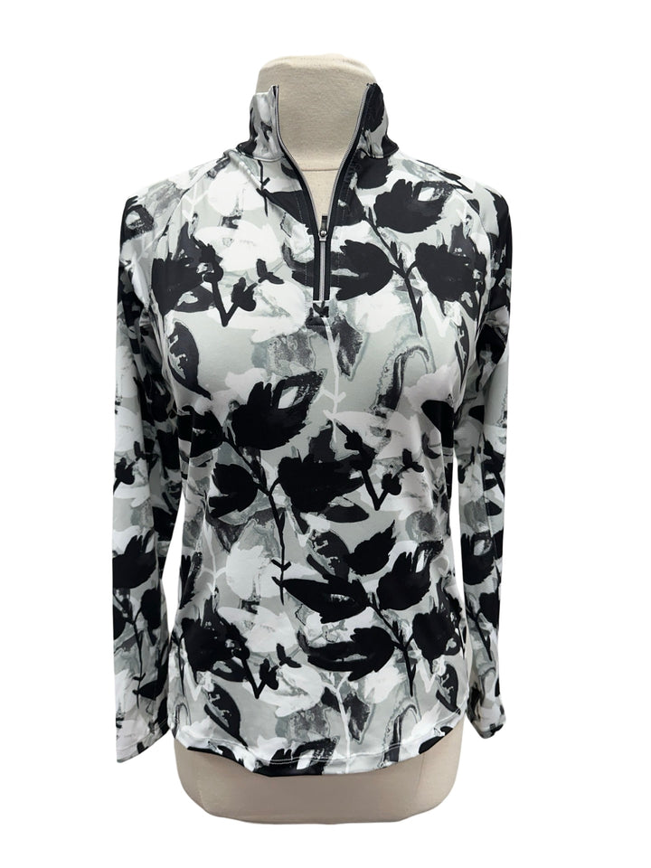 Lady Hagen Quarter Zip Floral Long Sleeve Top- Black/White- Small