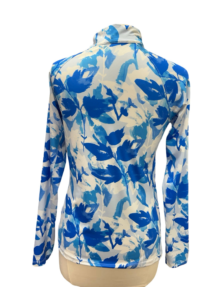 Lady Hagen Quarter Zip Floral Long Sleeve Top- Blue- Small