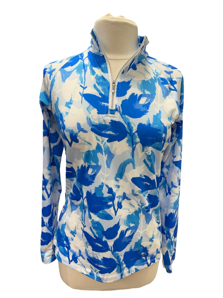 Lady Hagen Quarter Zip Floral Long Sleeve Top- Blue- Small