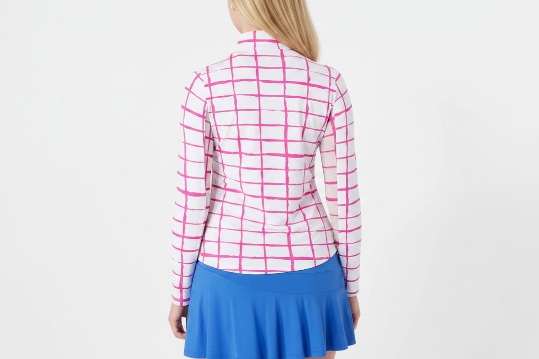 IBKUL Womens Carly Long Sleeve Zip Polo - White/Tickled Pink