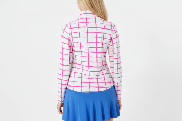 IBKUL Womens Carly Long Sleeve Zip Polo - White/Tickled Pink